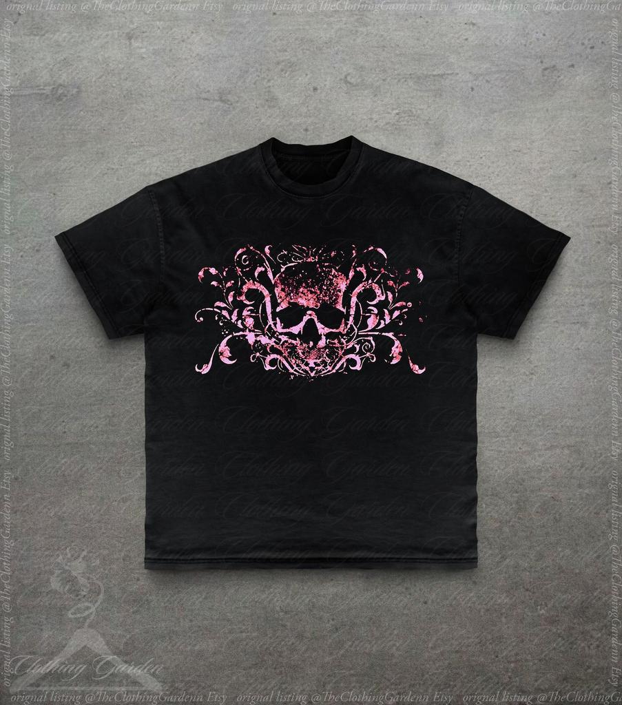 Pink Skull Graphic Tee, Y2k Goth T-Shirt for Women Men, Vintage Style Floral Skull Top, Creepy Cute Emo Alt Girl Shirt, Goth Style Clothing