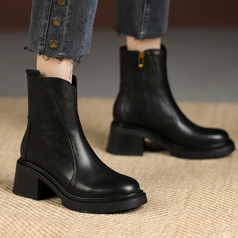 Fashion 2024 Winter Women Boots Leather Boots Chunky Heel Shoes Autumn Retro Genuine Leather Women Shoes High Heel Boots Chelsea Boots