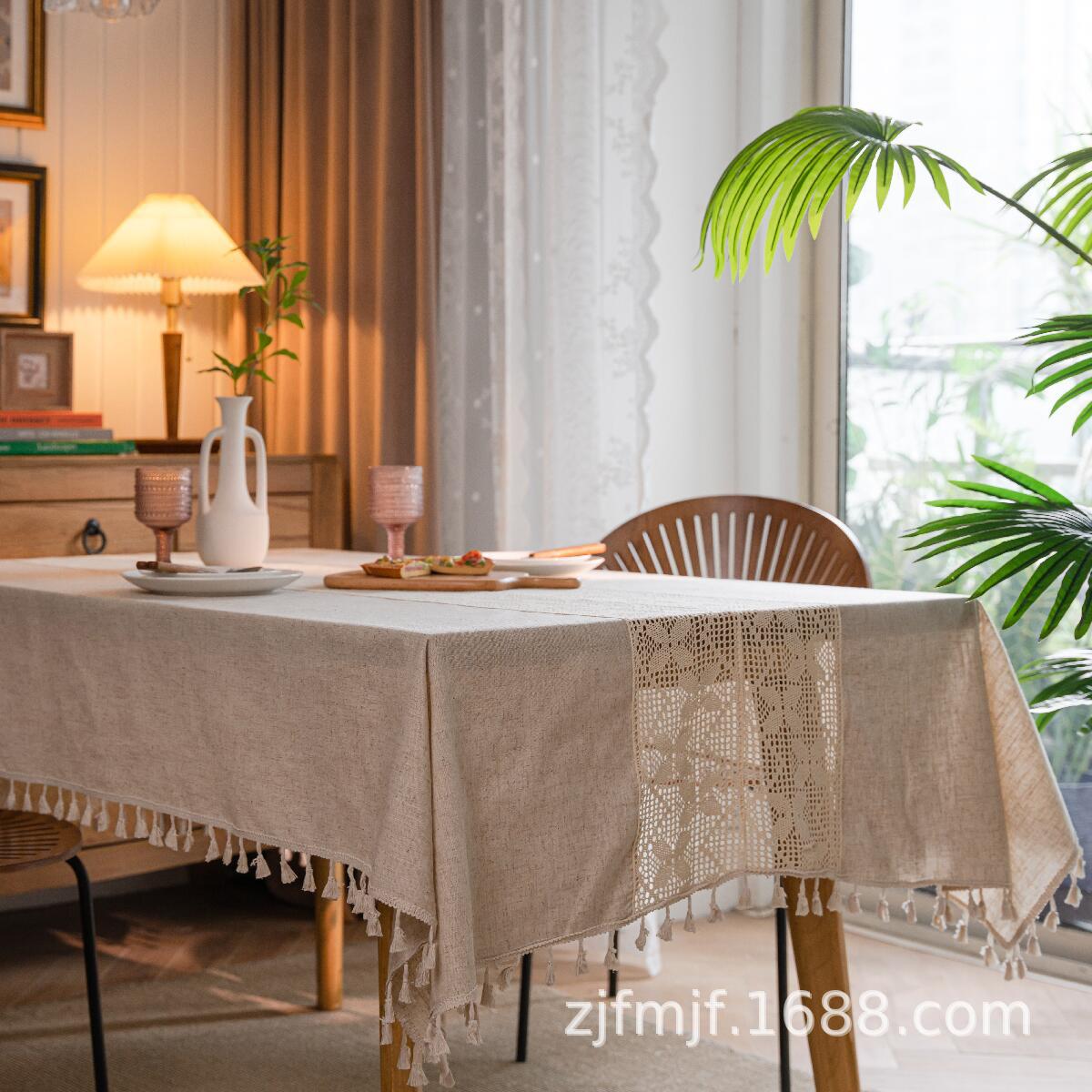 

Тканевый Папа Бежевый Ажурная Вязка Сплайсинг Скатерть Ресторанная Скатерть Чехол на Кофейный Столик Салфетка Подставка Пятно 150cm（510g）