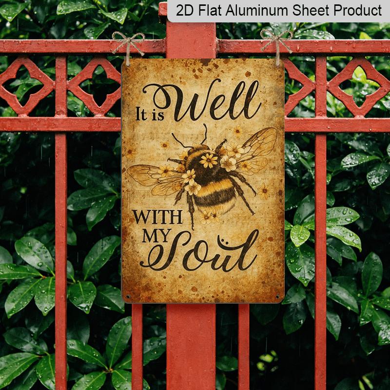 2D Flat, Vintage Bee and Flower Wall Plaque with "My Soul Is Good" Quote - Rustic Aluminium Farmhouse Decor Suitable for Home, Garden, Porch