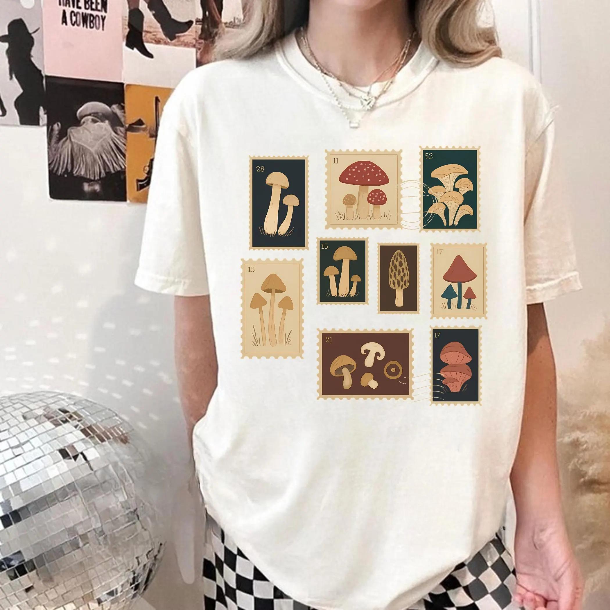 

Summer Womens Vintage Mushroom Print TShirt Cotton and Breathable Short Sleeve Streetwear Oversized Loose Casual S