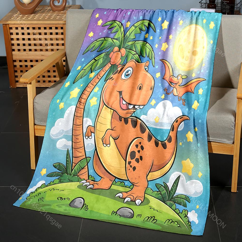 Multi Size Dinosaur Under Palm Tree Pattern Blanket Flannel Material Soft Warm for All Seasons, Home Outdoor Camping Picnics RV