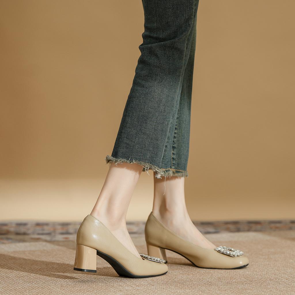 Leather square head soft leather light mouth square buckle rhinestone high heels women's work shoes professional fashion versatile thick low heel sin