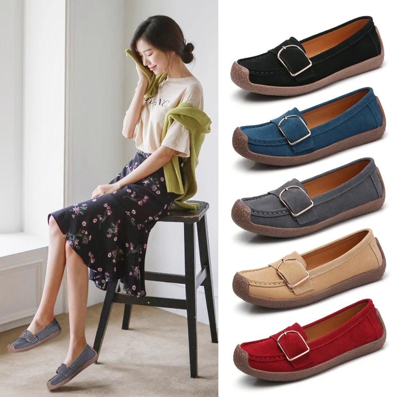 Autumn Comfortable Moccasins Loafers Ladies Soft Non-Slip Bean Walking Shoes British Style Fashion Cow Suede Casual Shoes Women