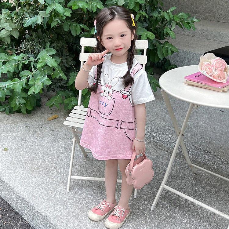 Girls Summer Korean Princess Dress with Fake Layered Suspender Design