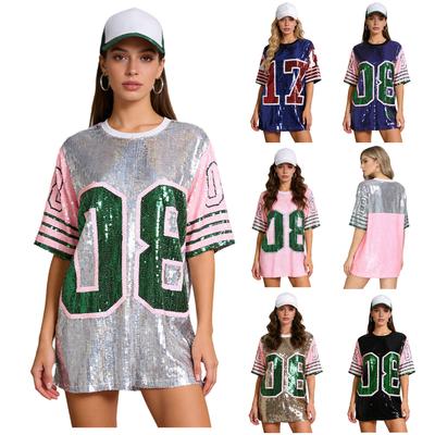 Womens Shiny Sequin Oversized T Shirt Number Graphic Crew Neck Short Sleeve Color Blocking Sporty Top