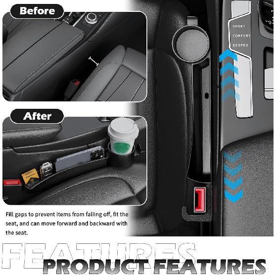 2025 New Car Seat Gap Filler Organizer,2PCS Multifunctional Car Side Seat Gap Filler With Cars Cup Holder&Hook,Universal In Between Cars Seats