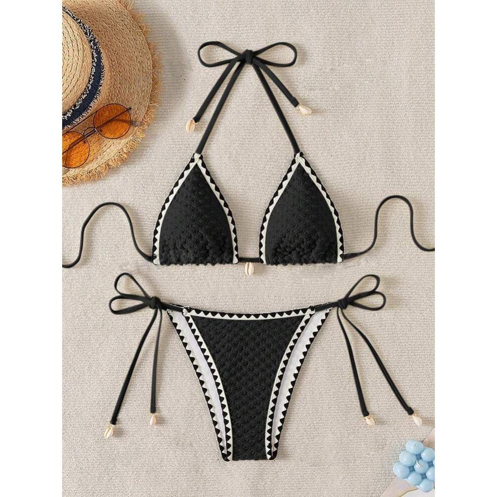 

Европейский и американский купальники сексуальный раздельный бикини трикотажный пляжный купальник с тремя точками M чёрный