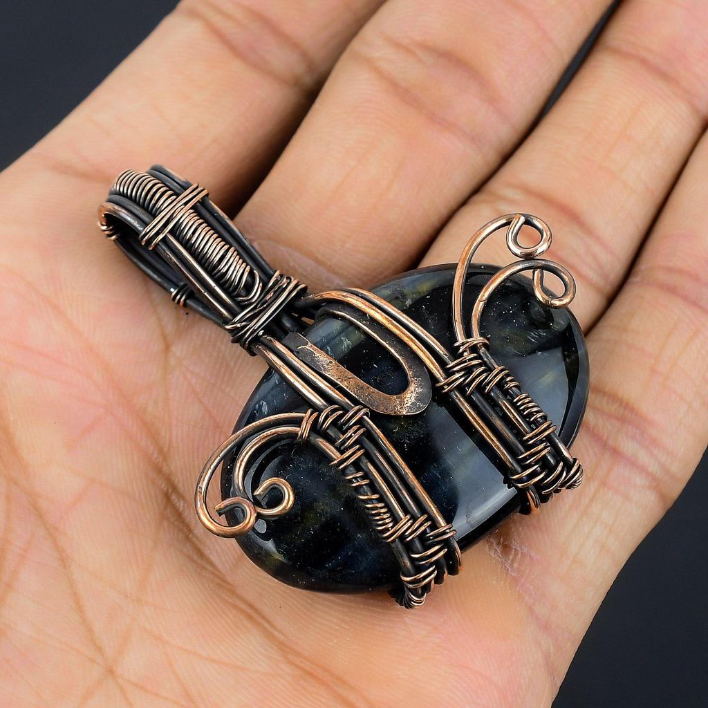 Blue Tiger Eye Pendant, 999 Copper Wire Wrapped Pendant Jewelry. Gift For Women Handmade Pendant Gemstone Jewelry