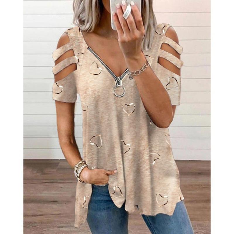 Women's Cold Shoulder Zipper V Neck Heart Print Short Sleeve Loose Fit Tunic Top Casual T Shirt