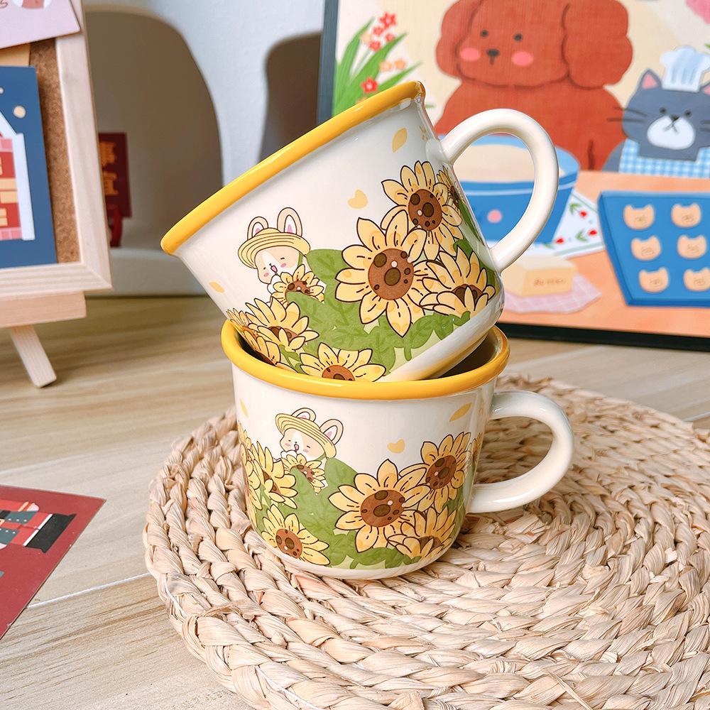 Cute Cartoon Ceramic Cup Flowers Rabbit Sunflower Water Cup Milk Cup Breakfast Cup Girl Gift Cup