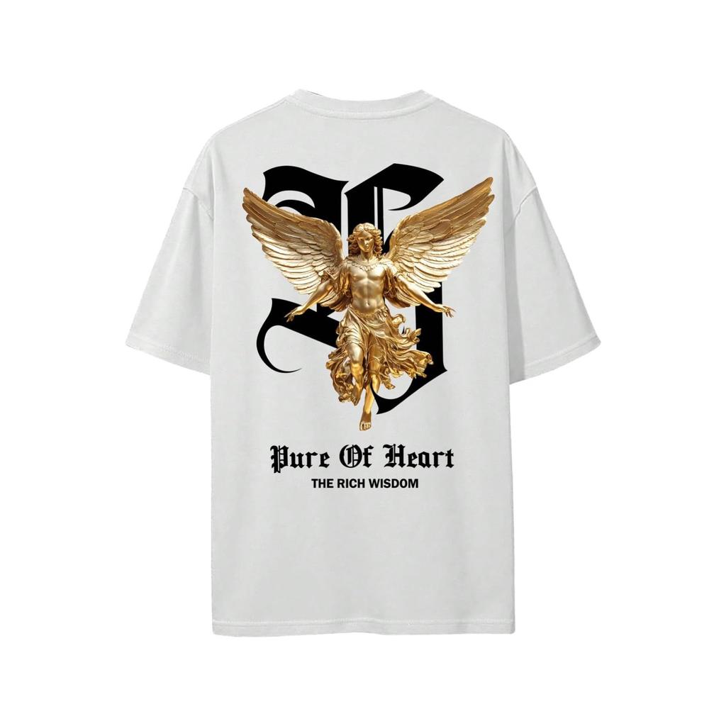 Men's Gothic "Pure Of Heart" Angel Graphic Tee, Retro Streetwear Oversized T-Shirt with Front & Back Print