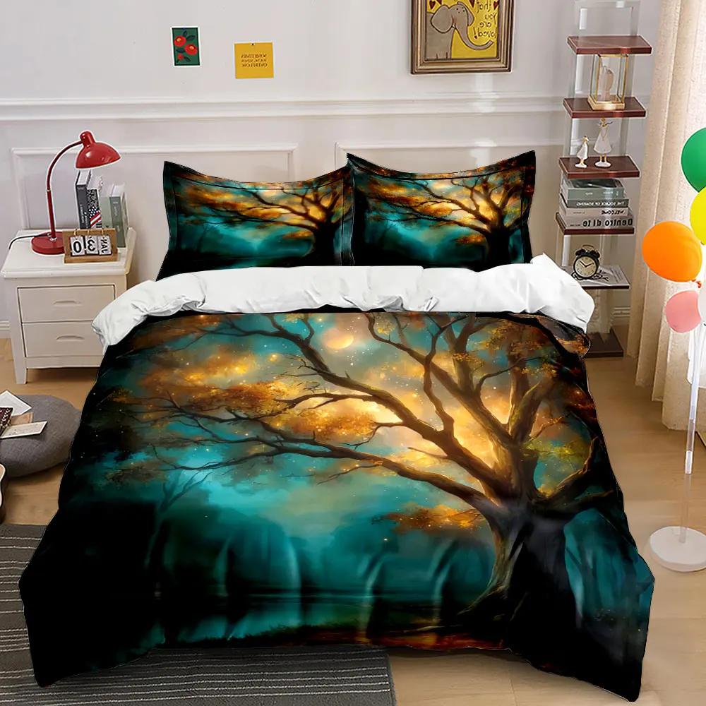 3Pcs Magical Forest Bedding Set Glowing Autumn Tree Print Duvet Cover + 2 Pillowcases Fantasy Nature Decor