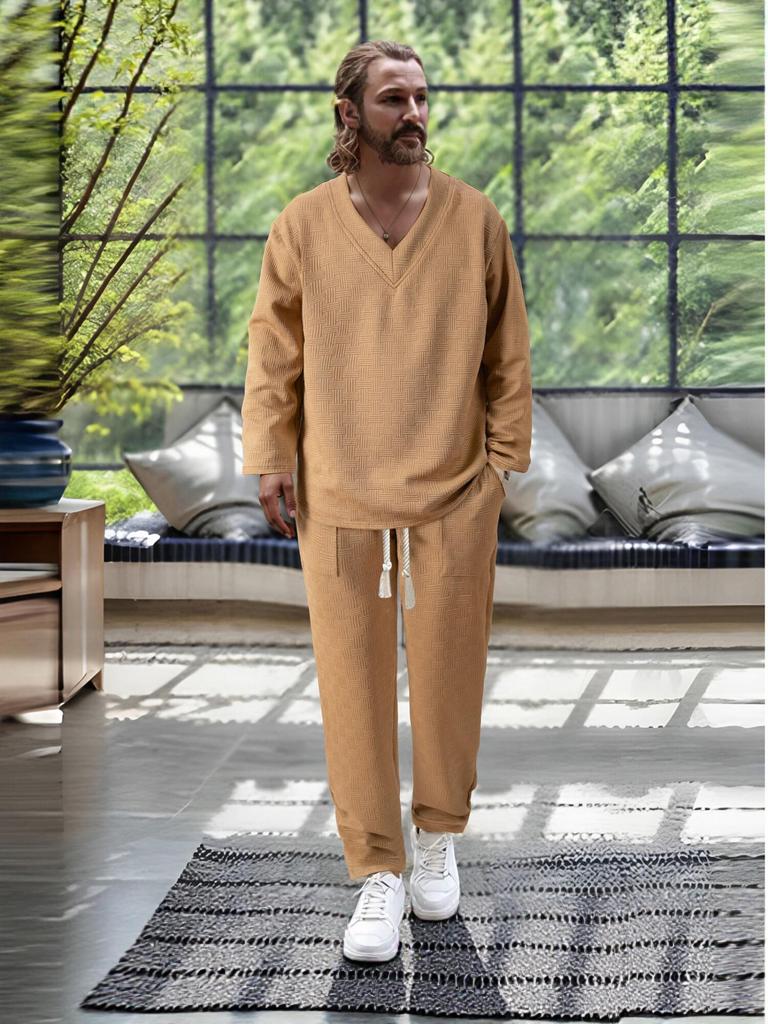 2026 Men's V-neck Casual Sports Suit: Spring/Autumn Loose Long Sleeve & Pants Set