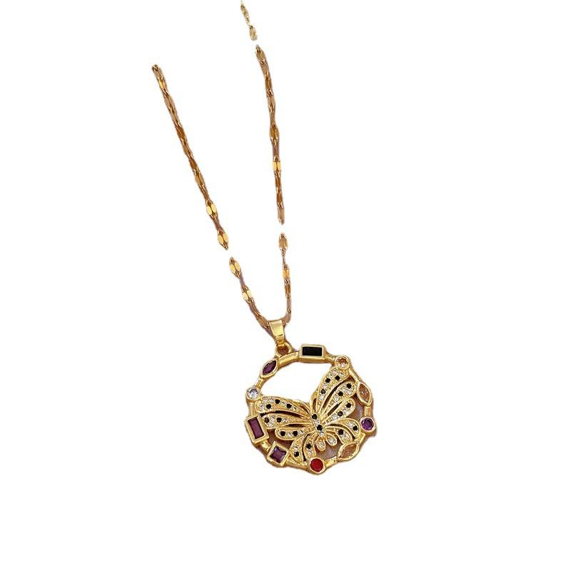 Exaggerated Color Butterfly Micro-Inlaid Real Gold Necklace Female Transfer Bead Collarbone Chain With Jewelry