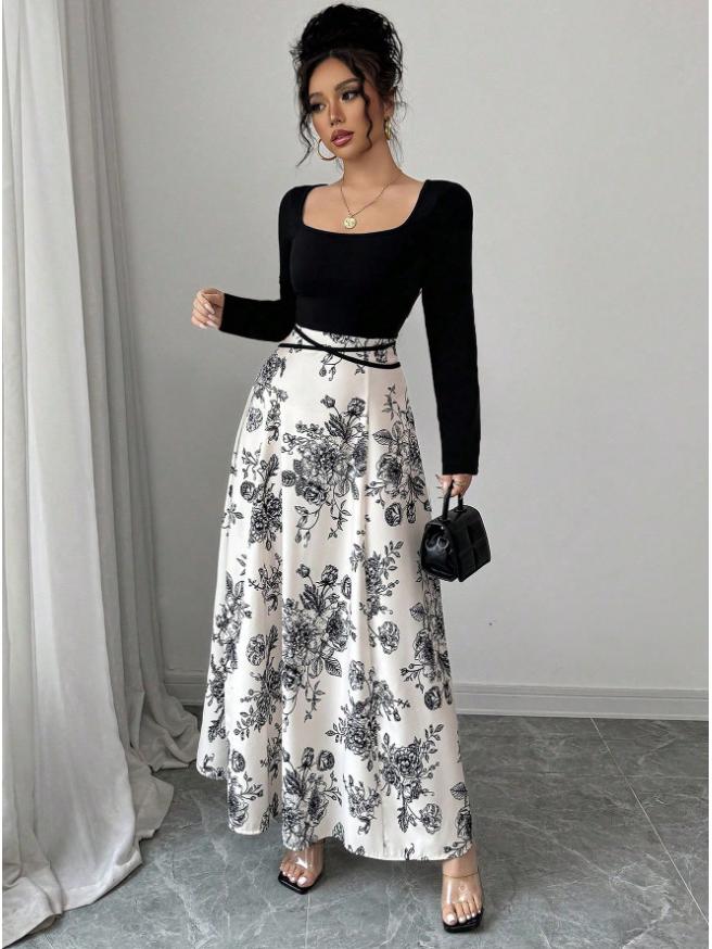 

2025 Элегантное платье с принтом в стиле колор-блок с высокой талией - Женский универсальный длинный дизайн S абрикосовый