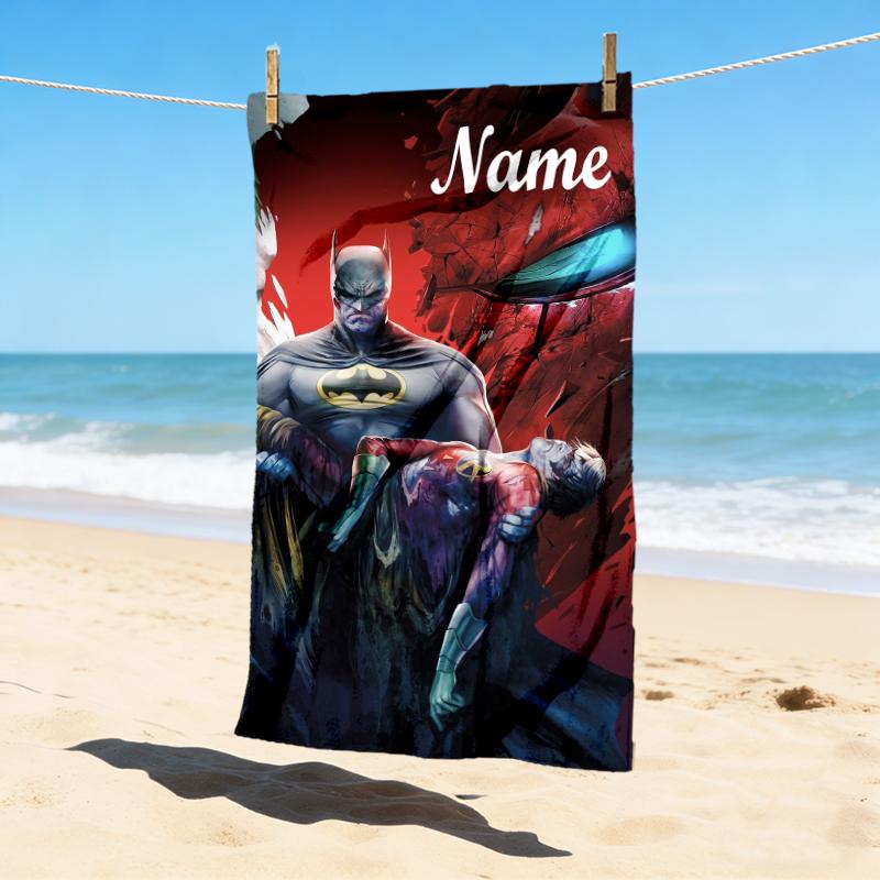 Custom Name Batman Cityscape Stylish Digital Printing Beach Towel Quick‑Drying Absorbent Blanket for Beach Pool Gym Travel