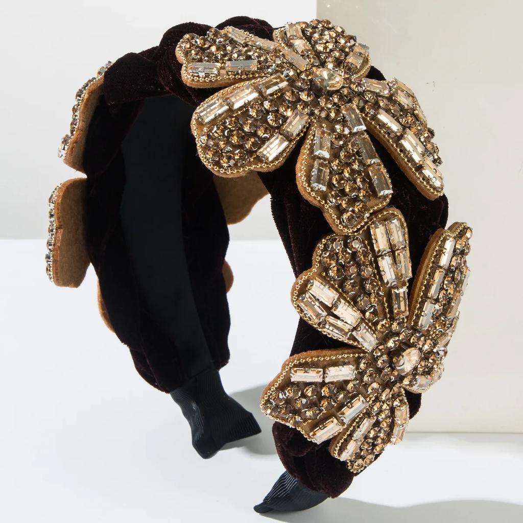 Flannel Woven Three Flowers Inlaid with Rhinestones Super Flash Headband Banquet Elegance Enlarged Widened Hair Accessories