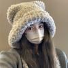 Women Hat Bear Shape Solid Color Winter Knitted Hat with Lace-up Cold Weather Thick Warm Plush Headwear
