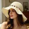 Women Hat Wide Brim Adjustable Strap Hollow Crochet Straw Hat Breathable Foldable Summer Outdoor Sun Hat