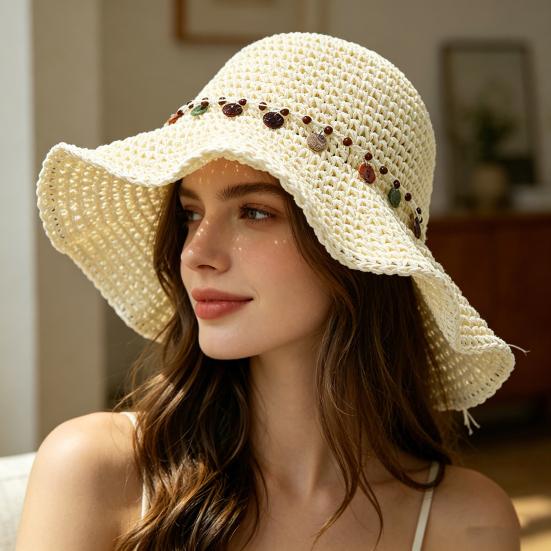 Women Hat Wide Brim Adjustable Strap Hollow Crochet Straw Hat Breathable Foldable Summer Outdoor Sun Hat