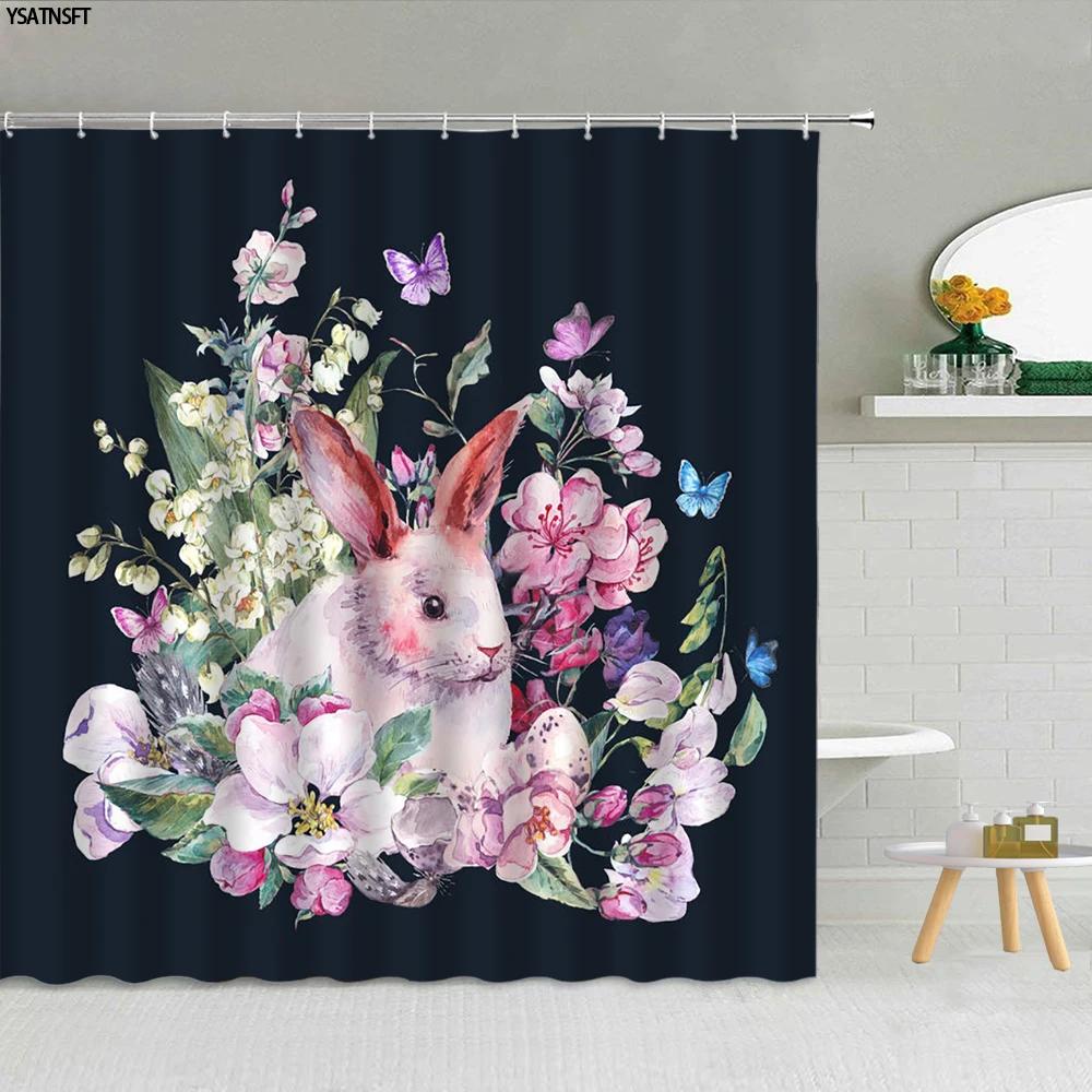 Funny Bunny Easter Shower Curtain Rabbit Colorful Egg Flower Wood Striped Backdrop Bathroom Decor Washable Fabric Hooks Curtains
