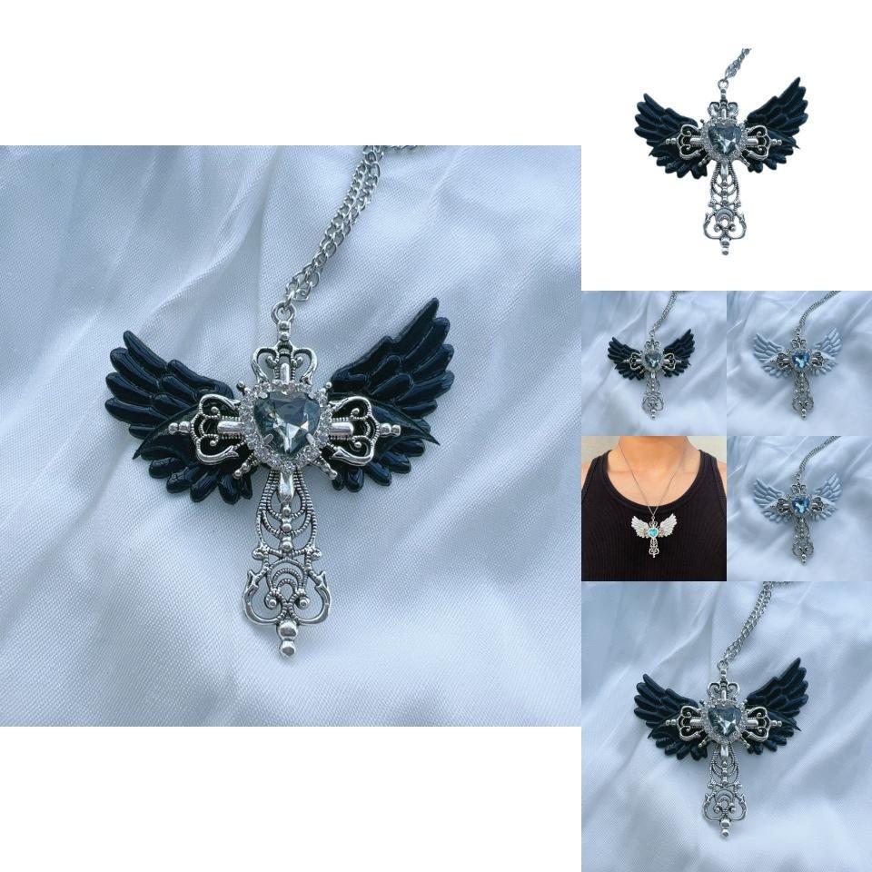 Y2k Gothic Style Unique Angel Cross Sweater Necklace Fashionable Alloy Jewelry For All