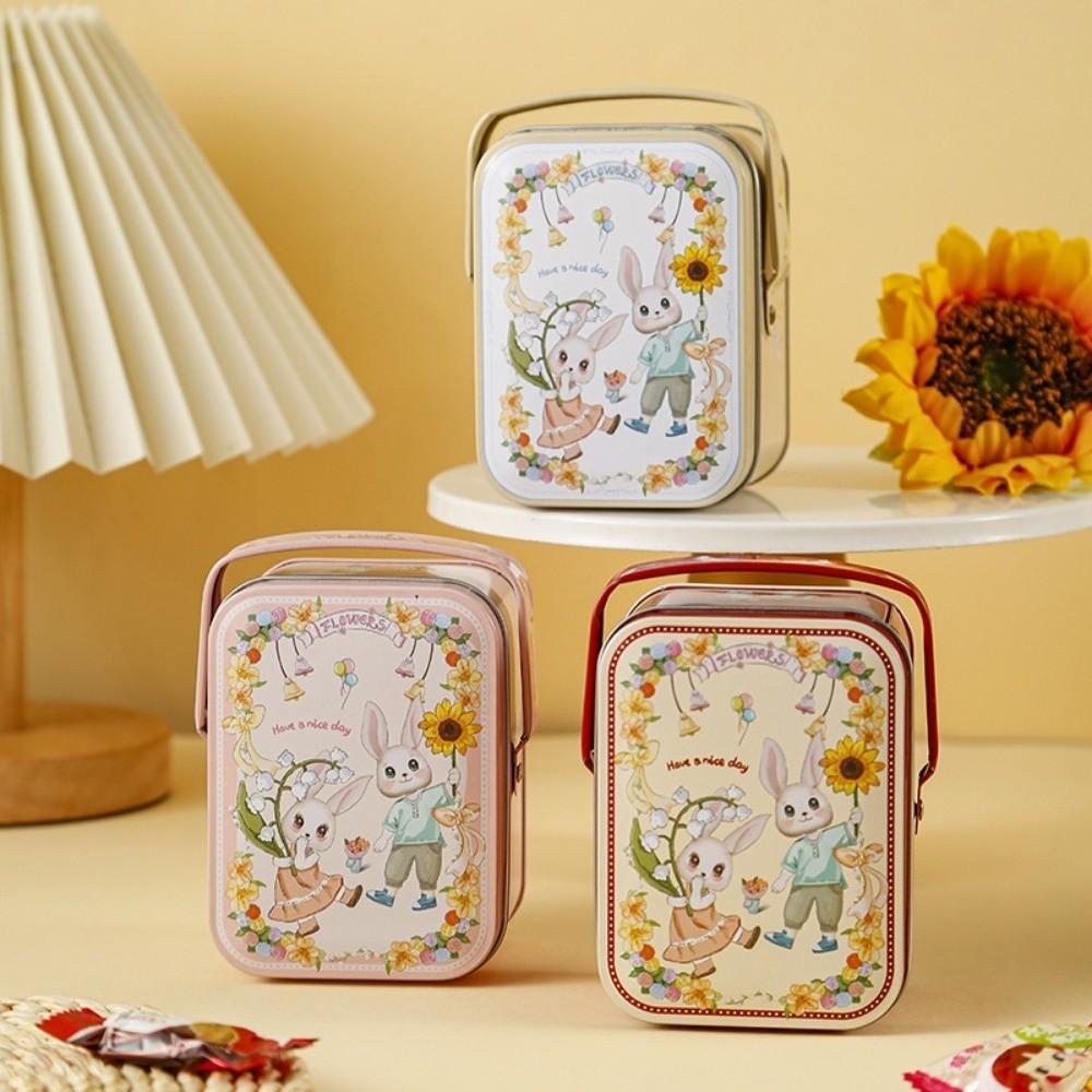 Rabbit Printed Tin Storage Box with Handle Storage Can Portable Tinplate Candy Box  Party