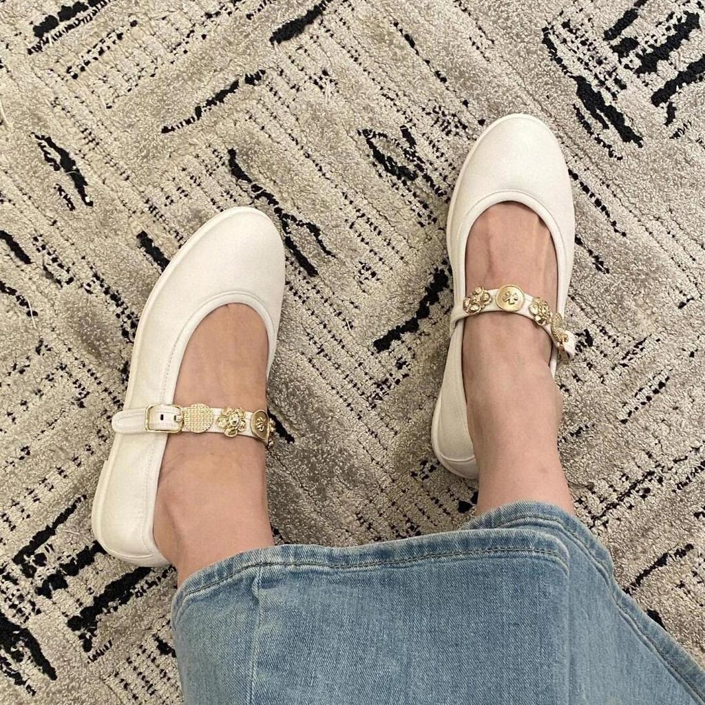 Retro Runde Spitze Ballerinas Designer Metall-Dekor Flache Mary Jane Schuhe Elegante Damen Weiche Sohle Komfort Damen Pumps