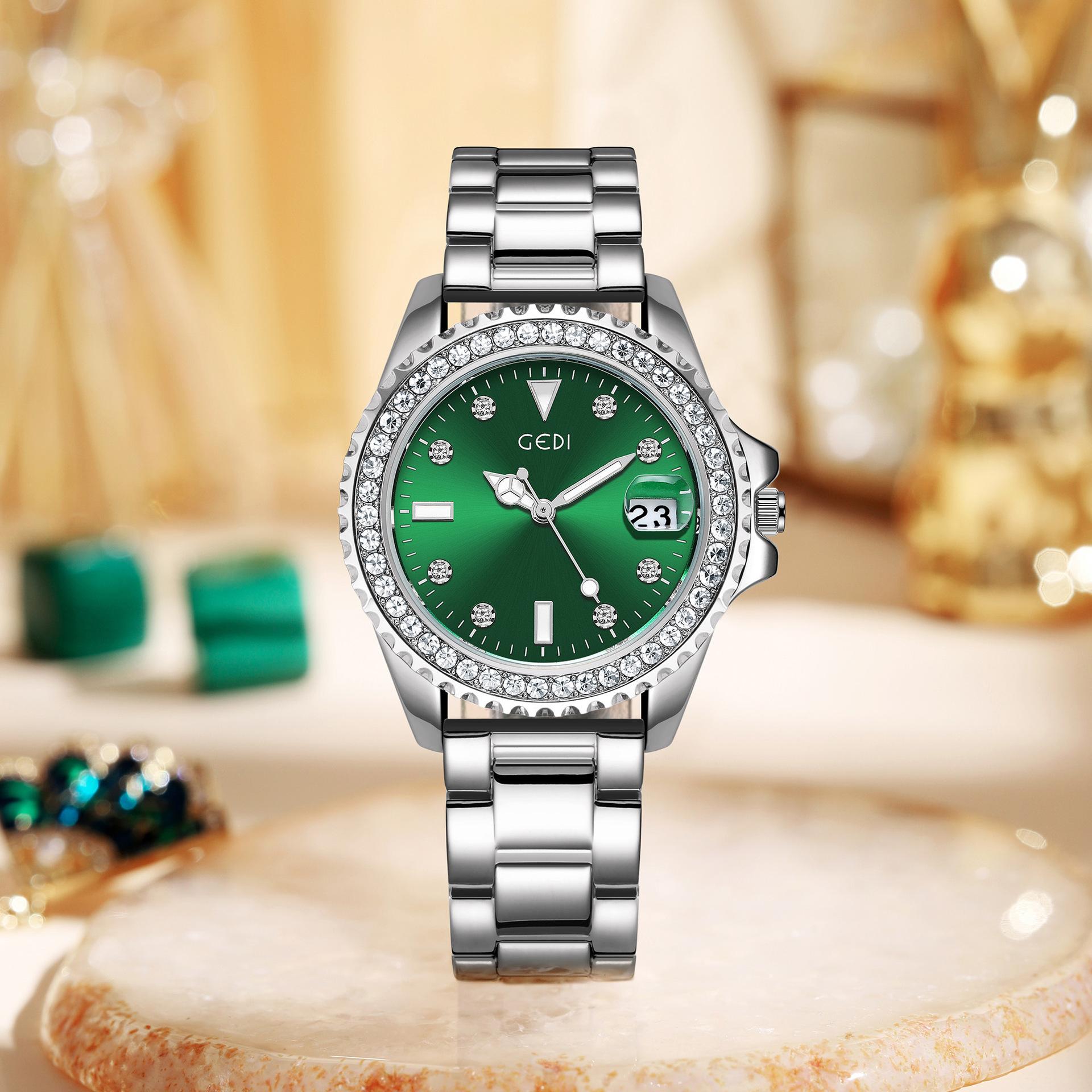 

Light Luxury Retro Women S Watch With Diamond Belt Calendar Steel Belt Watch Waterproof Quartz Green Water Ghost Watch