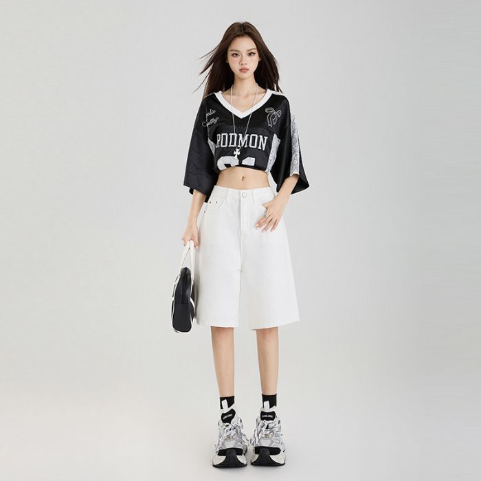 Sommer Dünn Hohe Taille Vintage Locker Gerade Fünf-Punkte Cropped Jeanshose Für Kleine Frauen Lässige Hose Übergroße Jeanshose