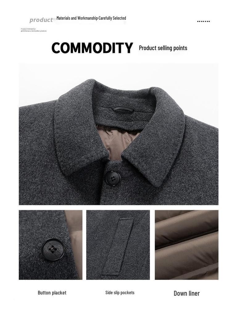 Hengyuanxiang Herren Quadratischer Kragen Mittellanger Wollmantel mit Abnehmbarem Daunenfutter - 2025 Herbst/Winter Warmer Windbreaker