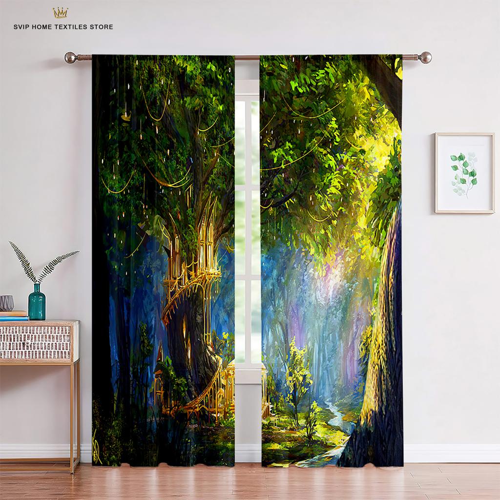 Woodland Forest Foliage Sunbeams Tulle Curtains, Sheer Voile Curtains, Window Decor, Living Room, Bedroom, Kitchen