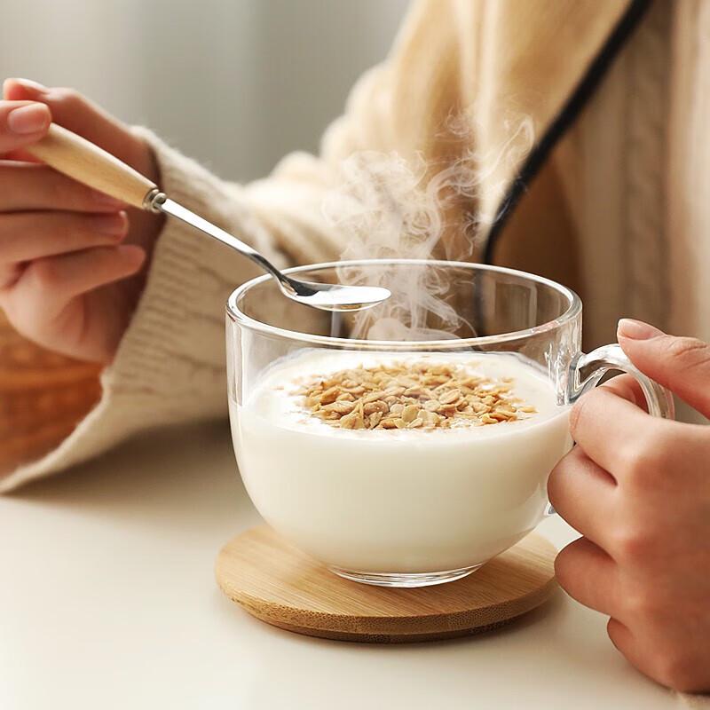 Große japanische Frühstückstasse aus gehärtetem Glas mit Bambusdeckel & Holzlöffel