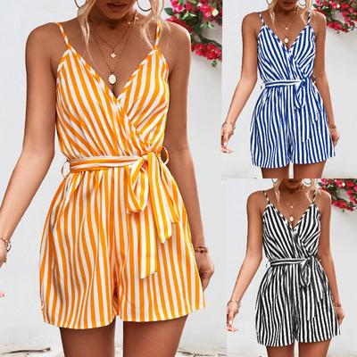Women Summer Casual Strap V Neck Striped Romper Shorts Pants Jumpsuit