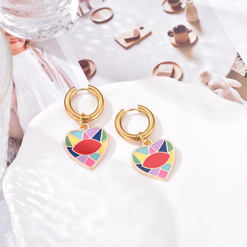 New Colorful Eye Love Heart Stainless Steel Hoop Earrings For Women Vintage Statement Enamel Gold Color Pendant Earrings Jewelry