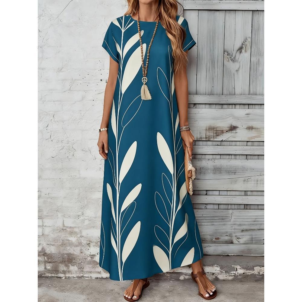 European and American vacation style women s printed round-neck loose dress 1XL