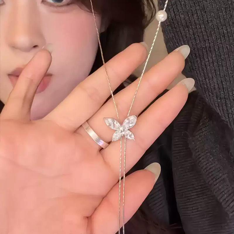 Zircon Butterfly Round Pearl Necklace - Niche Design, Elegant Sweater Chain, Light Luxury Feel