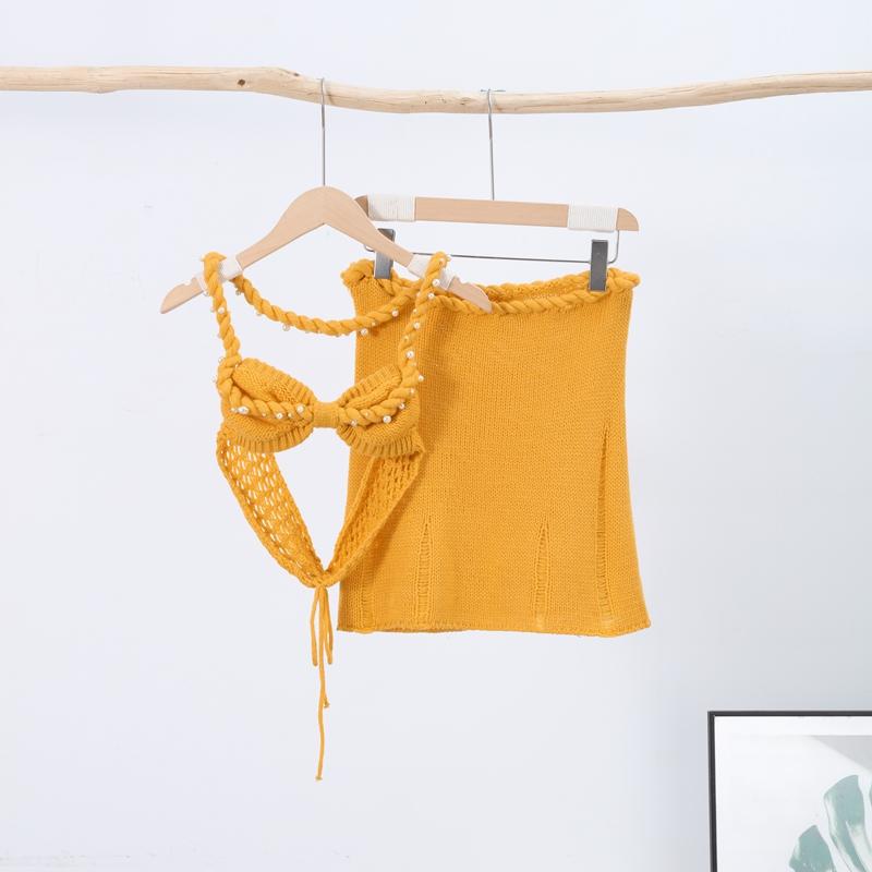 

Сексуальный комплект из бисера и бретелей через шею с вязанной юбкой для женщин, комплект из бюстгальтера и бедер, мини-юбки, сладкое чистое желание, летний бикини-костюм, женская одежда L