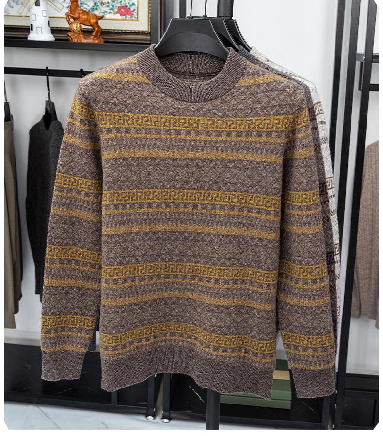 [15% Yak Fleece] Autumn and Winter Retro Round Neck Jacquard Men's Woolen Sweater for Warmth and Contrast Color Inner Coat