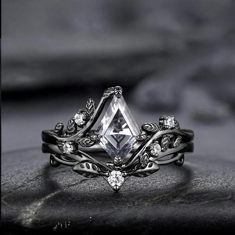 Charm Black Color Round White Stone Leaf Rings Set Fashion Party Jewelry Rings for Women