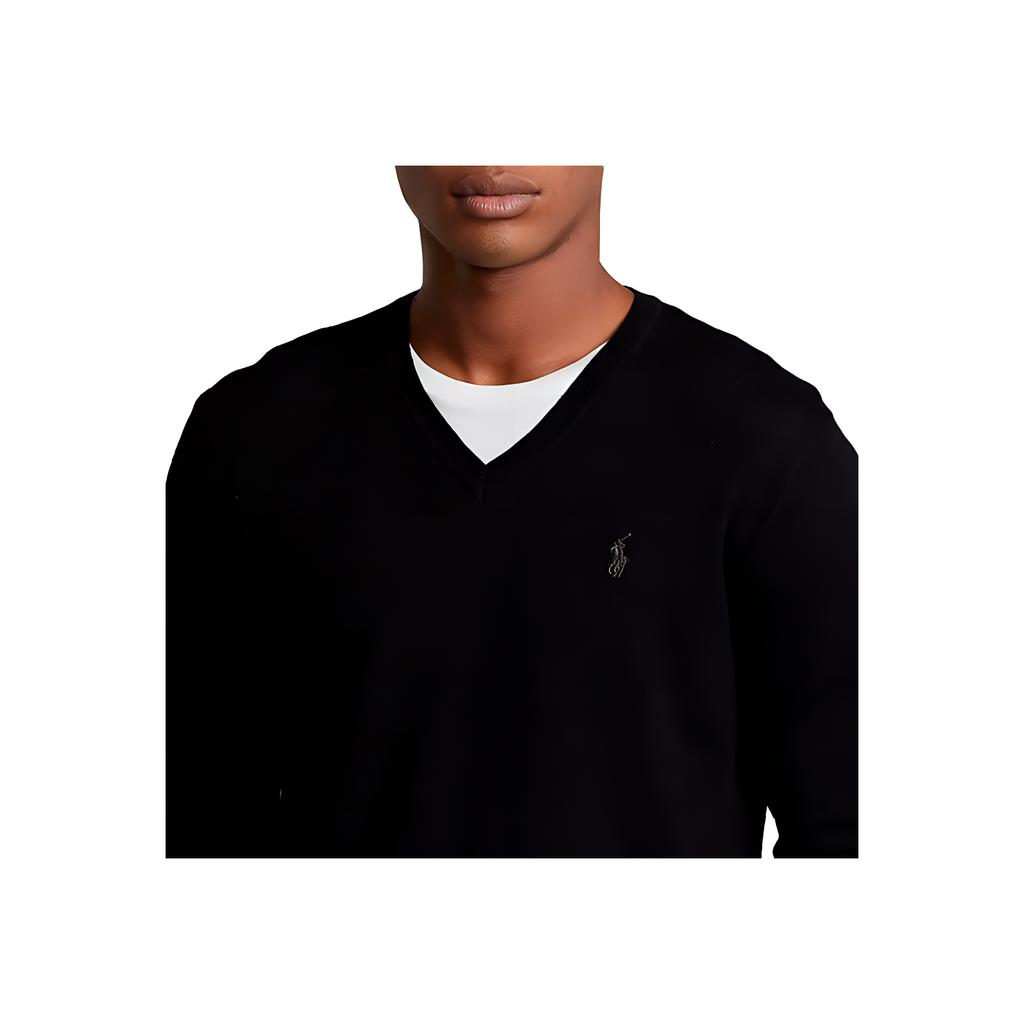 Pulover Tricotat cu Gât în V, Lavabil, cu Logo Pony Mic Brodat Polo Ralph Lauren Bărbați pulover Negru MNPOSWE16820069-001