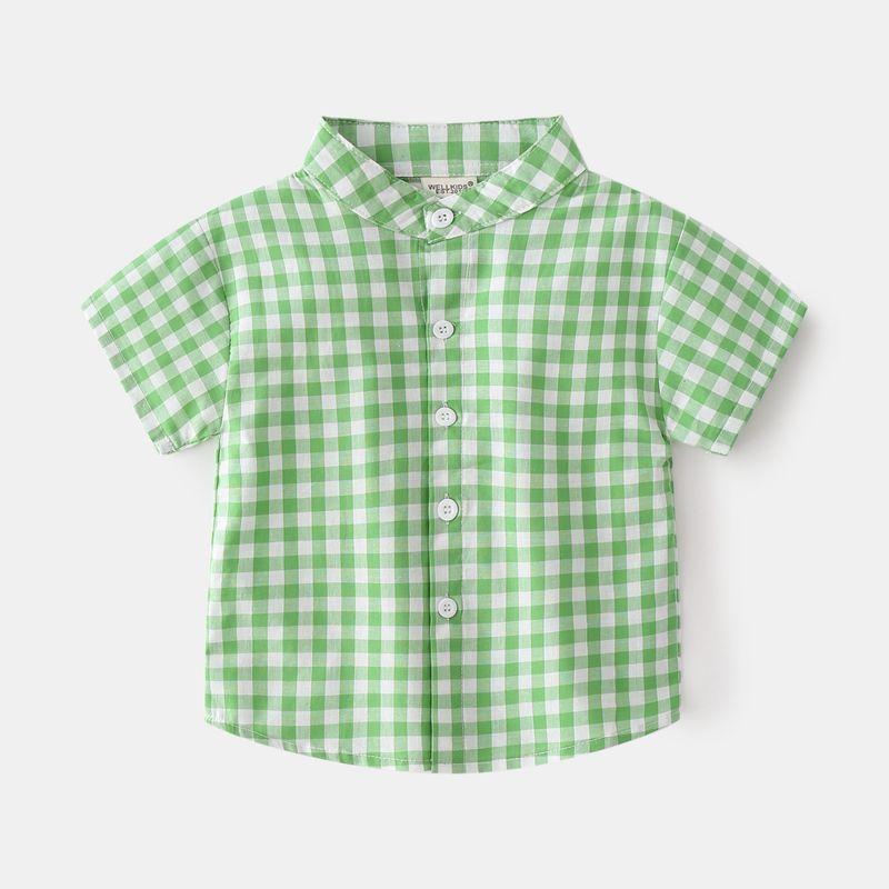 Summer Boys' Lapel Casual Short-Sleeved Top K-style Kids Fashion Small Gingham Baby Stand Collar Button Shirt