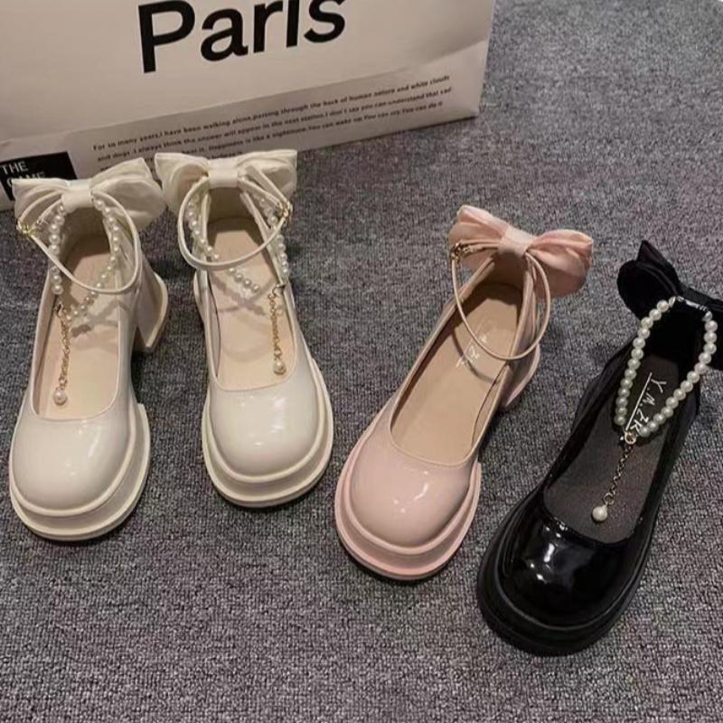 Retro Versatile Mary Jane Women's Shoes Spring and Summer Bow High Heel French Single Shoes Small Leather Shoes