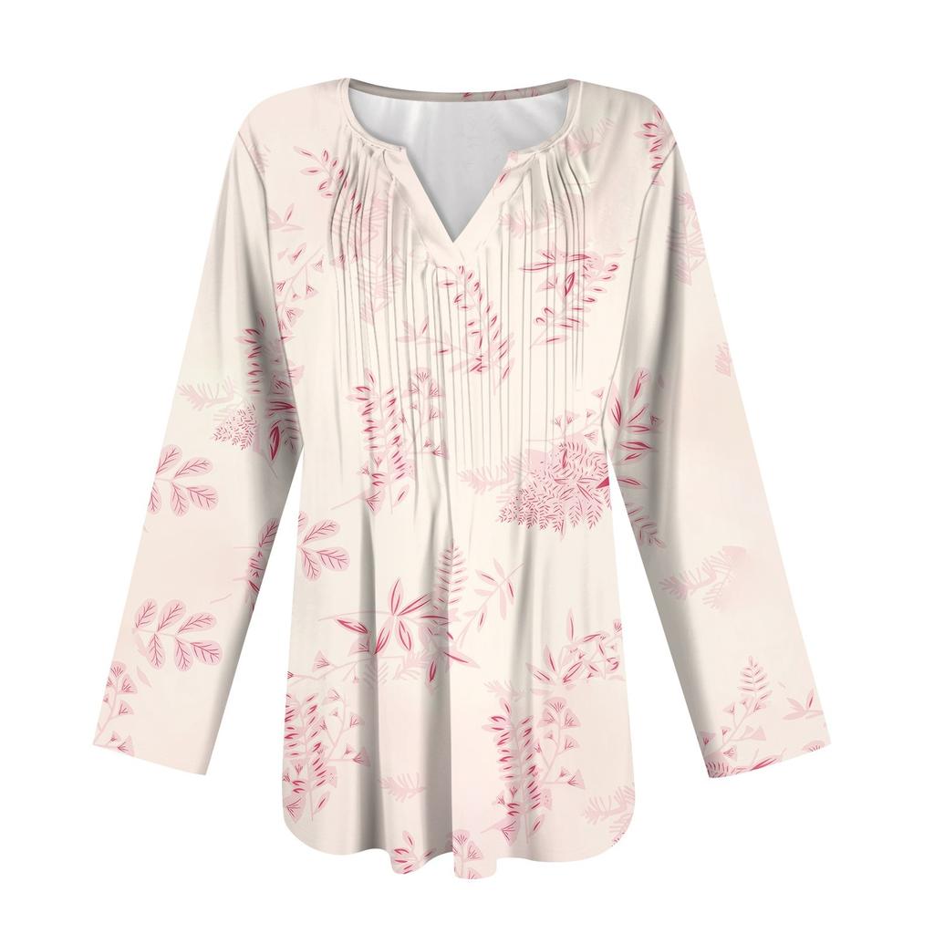 Damenmode Lässig Plissiert V-Ausschnitt Einfarbig Langarm T-Shirt Elegante Oberteile