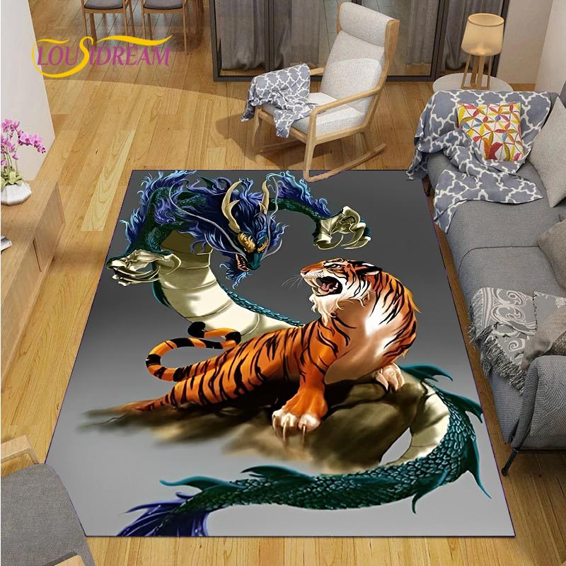 Alfombra Dragon and Tiger Fight Carpet Living Room Sofa Coffee Table Door Bedroom Rug Kitchen Kid Anti-slip Floor Mat Home Decor