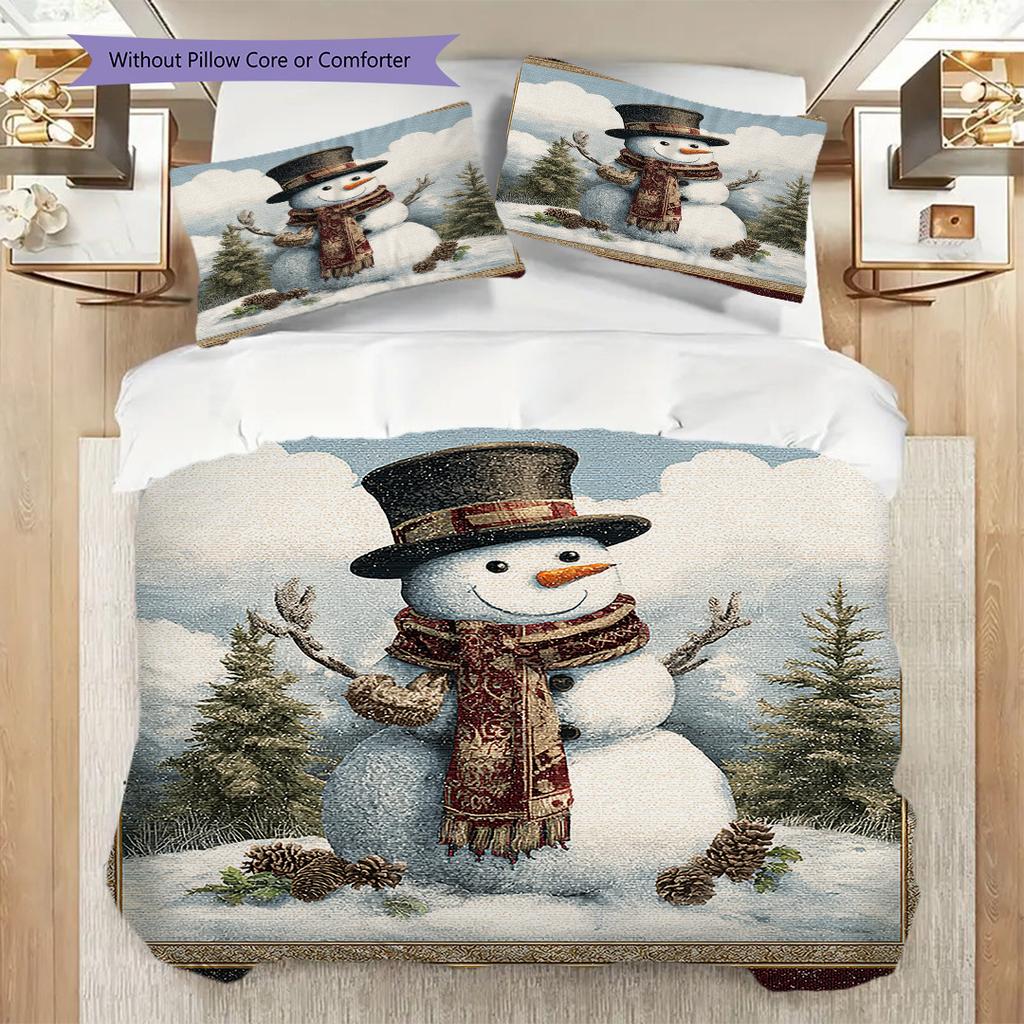 Snowman Pattern Bedding Quilt Set Quilt Cover Pillowcase Home Decoration Birthday Gift (1 * Duvet Cover + 2 * Pillowcase, Without Core)
