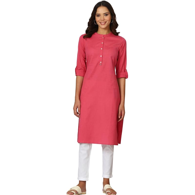 W for Woman Pink Solid Cotton Blend Straight Kurta (Size: 2XL)-24ONW12285-222987