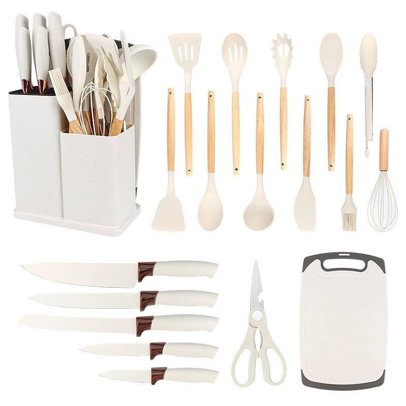 19 Piece Silicone Kitchenware Set Cooking Utensil Set Wooden Handle Spatula Spoon Stainless Steel Knife Set with Storage Bucket