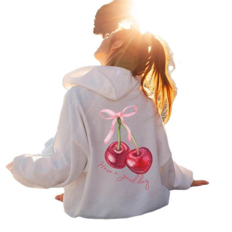 European Women's Cherry Coquette Ribbed Hoodie Sweatshirt